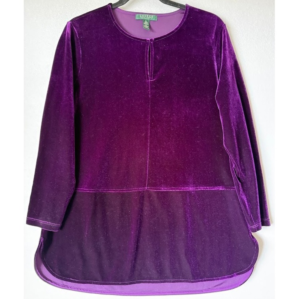 Lauren Ralph Lauren Velvet‎ Tunic Top Women Petite Large Purple Long Sleeve